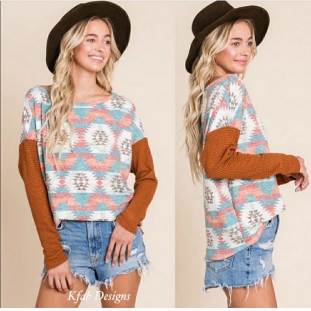 Color Block Aztec Print Relaxed Fit Thermal Top Sz L - Picture 2 of 9